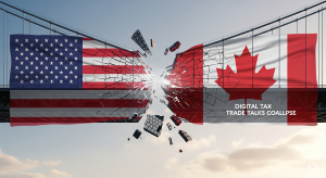 US and Canadian flags with a shattered bridge, symbolizing the collapse of trade talks due to a digital tax dispute.