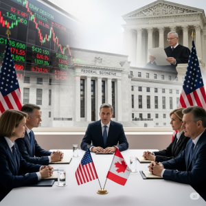 US and Canadian flags with a shattered bridge, symbolizing the collapse of trade talks due to a digital tax dispute.